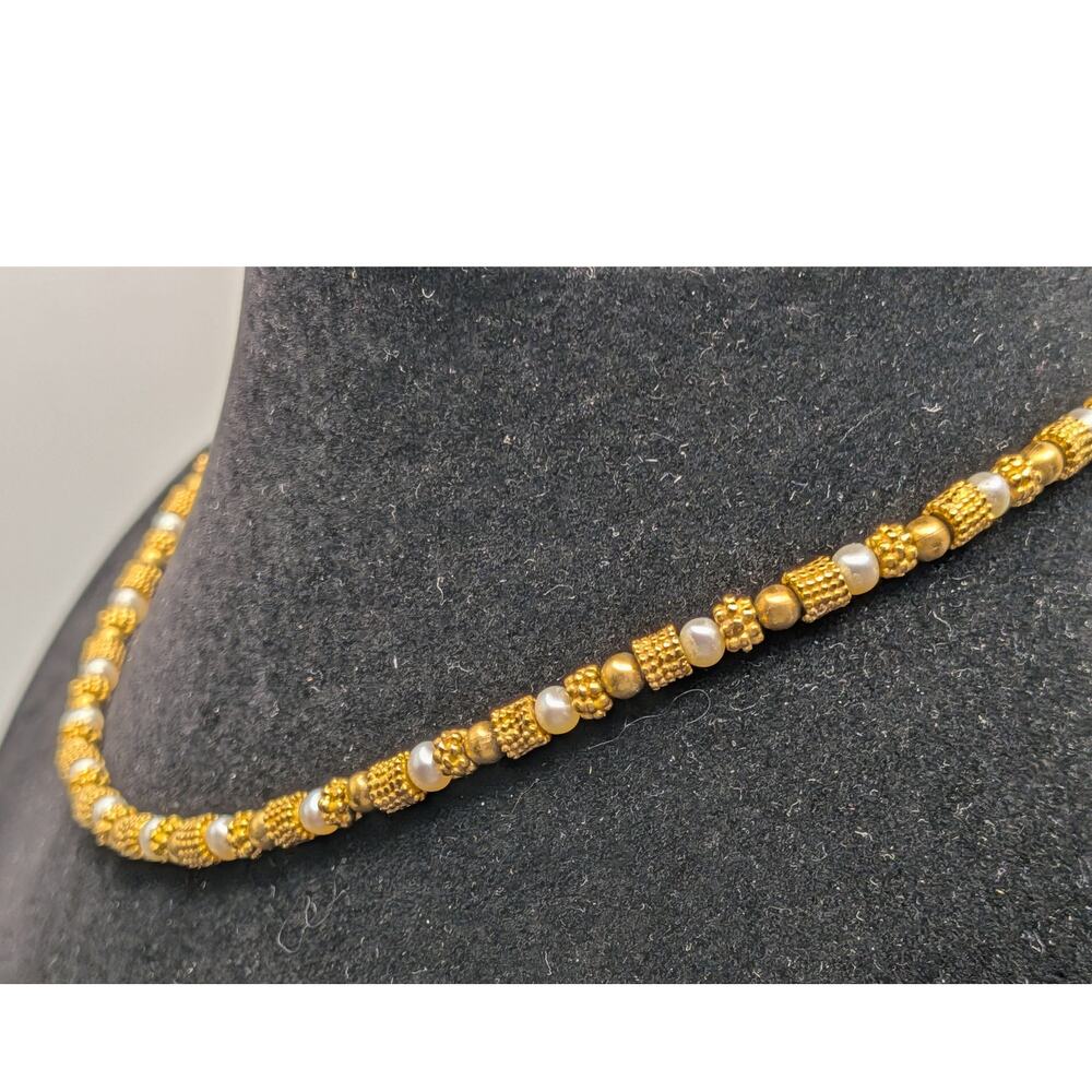 Gold Tone Faux Pearl Beaded Necklace Adjustable Choker 16in - Picture 4 of 8
